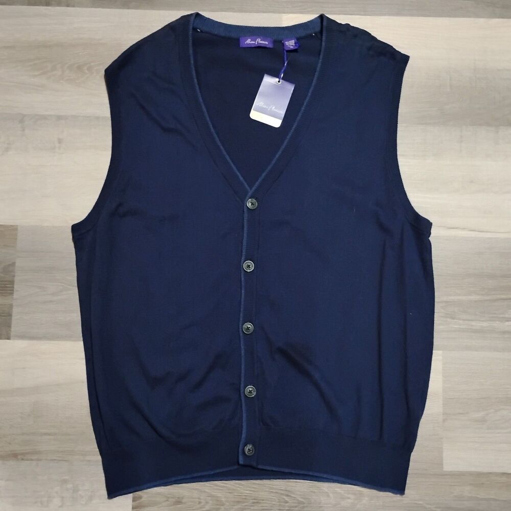 Alan Flusser Classic XL Navy Button Front V-Neck Cotton Vest NWT